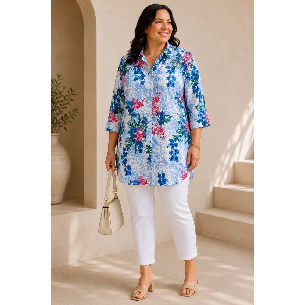Plus Size Linen Blend Tunic Shirt 24W Floral Animal Print Button Up Resort Coast